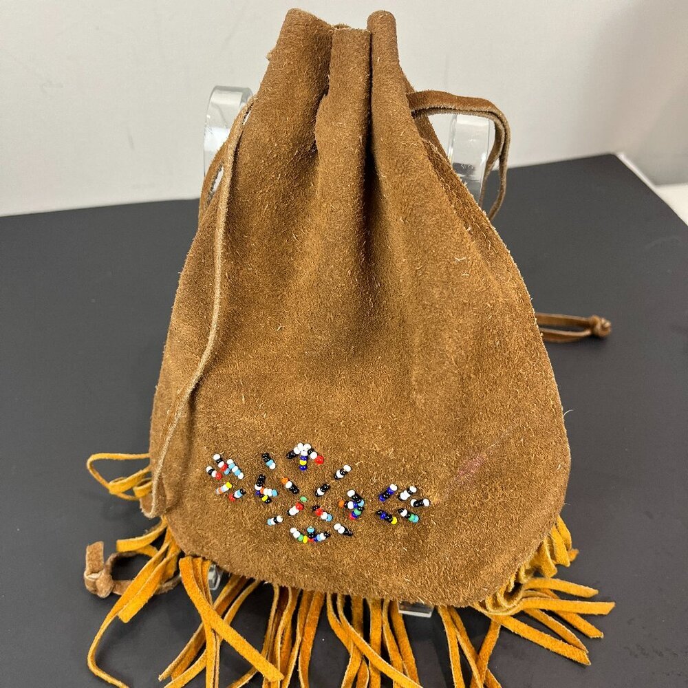 Vintage Tan Suede leather Drawstring bag with beads